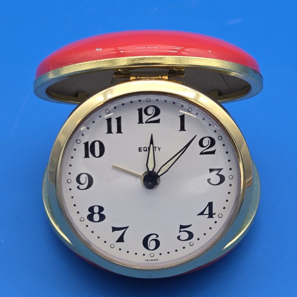 Vintage Equity Red Clamshell Travel Alarm Clock Wind Up Taiwan WORKING